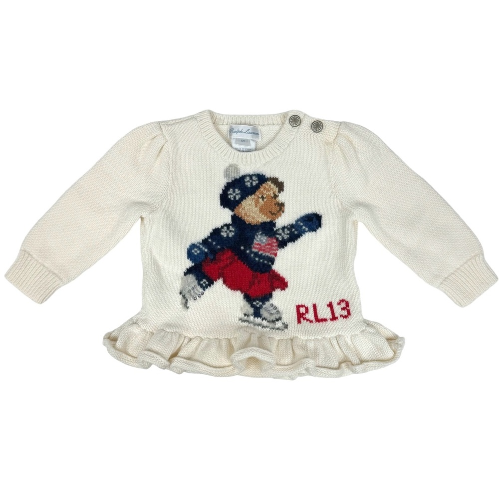 Ralph Lauren Knit Bear Peplum Long Sleeve Sweater Top in Cream Size 6M - Picture 1 of 8